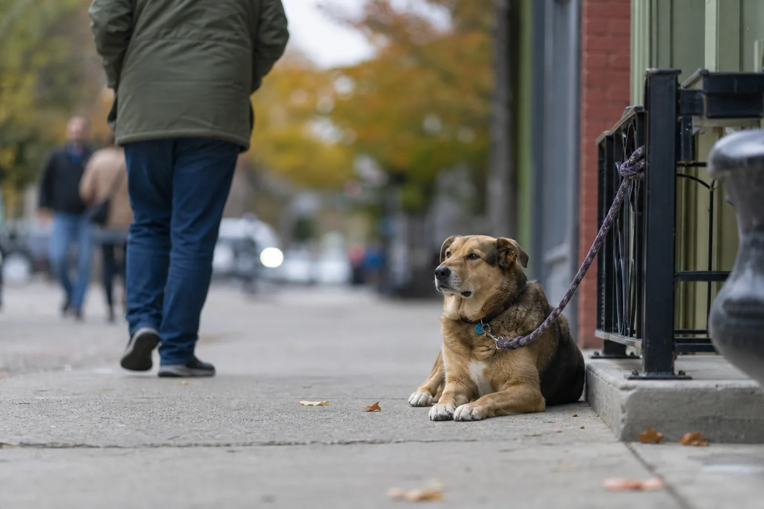 Dog lying relaxed in a down-stay tied to a railing while pedestrians pass