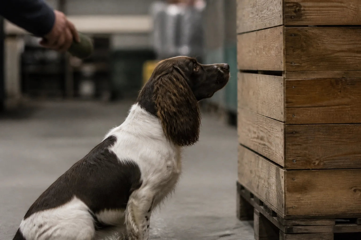 Springer Spaniel in a passive alert facing wooden crates, eyes fixed on one seam