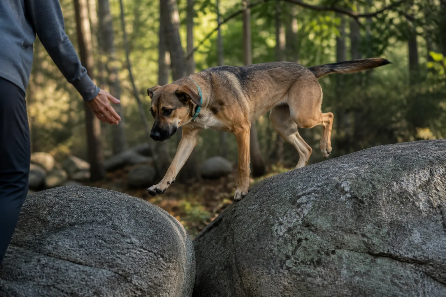 Dog stepping carefully from one boulder to another in a wooded park