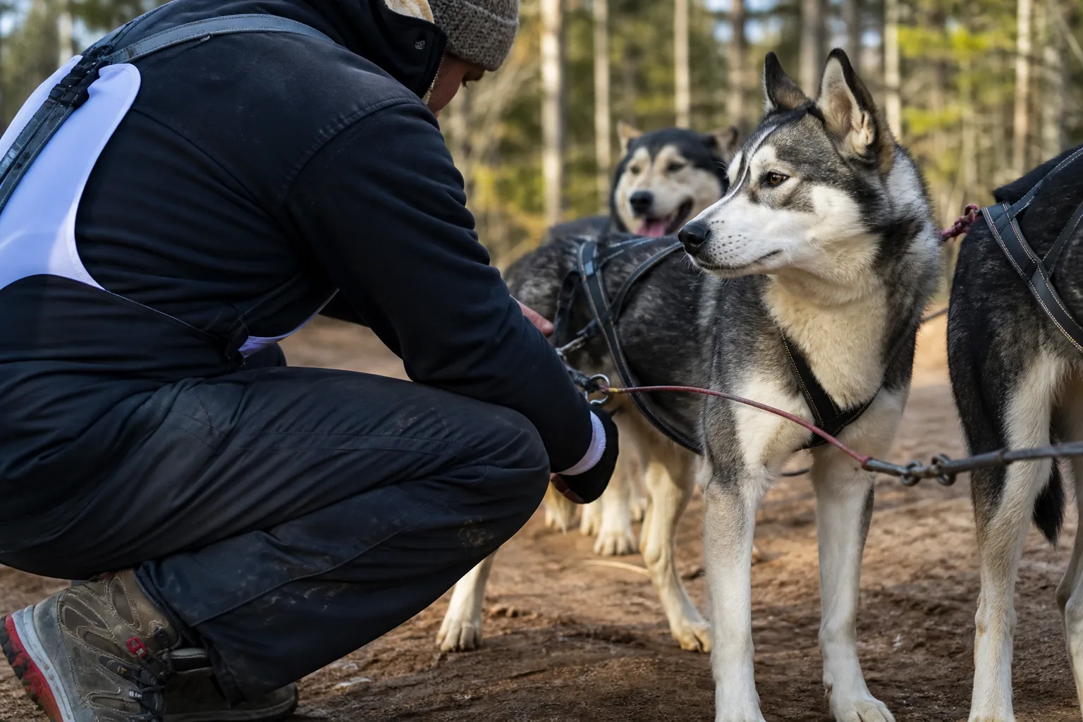 Musher checking the gangline and a husky's harness fit before the start
