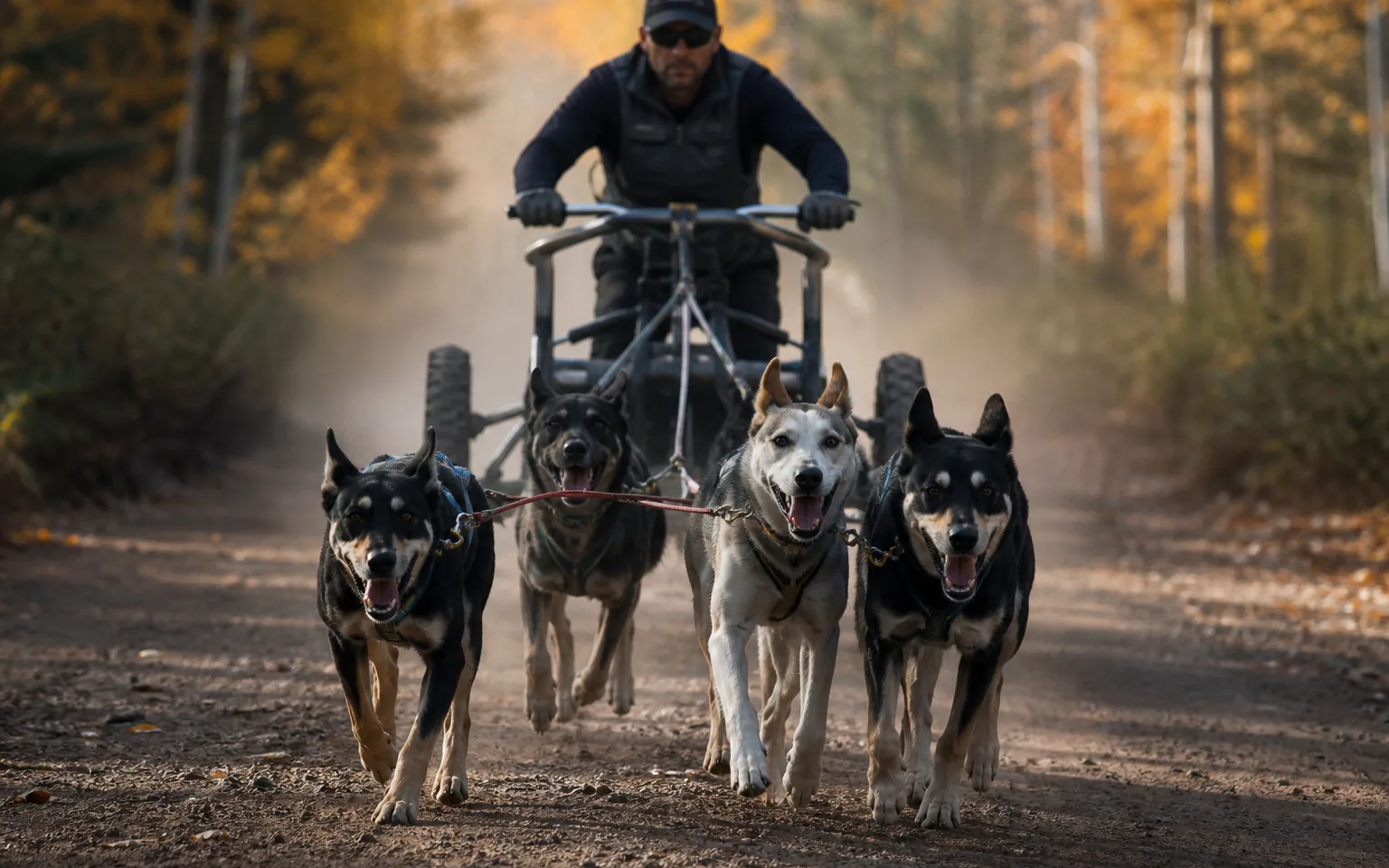 Four huskies pulling a three-wheeled dryland rig along a dirt forest road