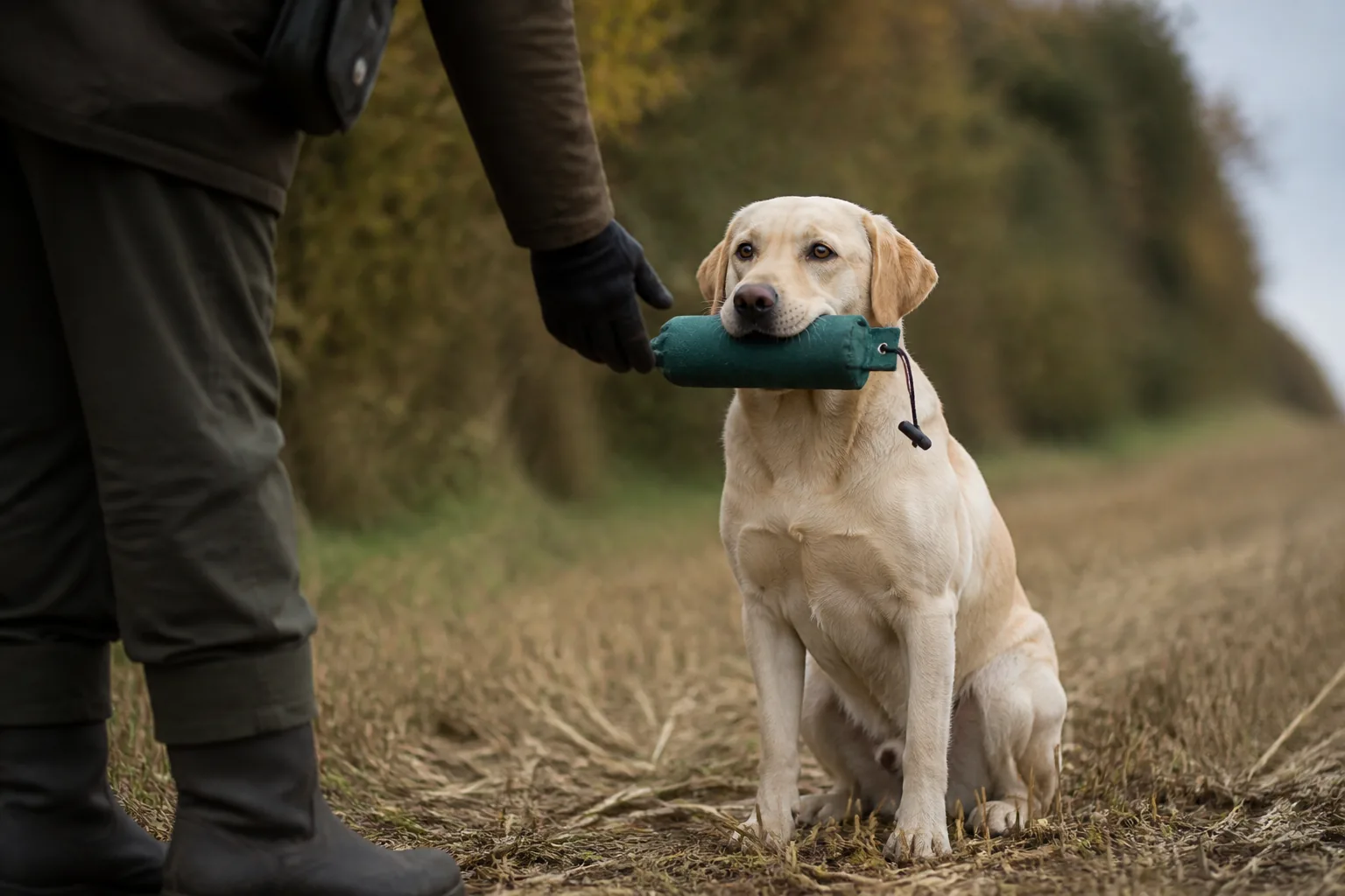 Labrador delivering the dummy to hand, sitting square in front of the handler