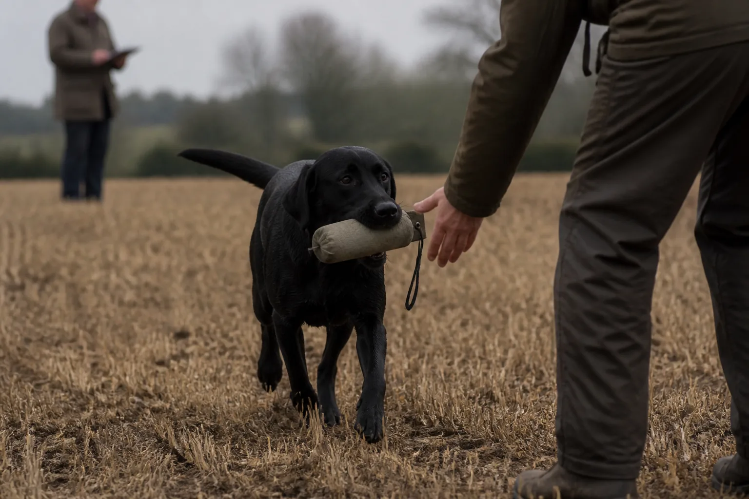 Black Labrador delivering the dummy to hand as a judge watches from a few paces away