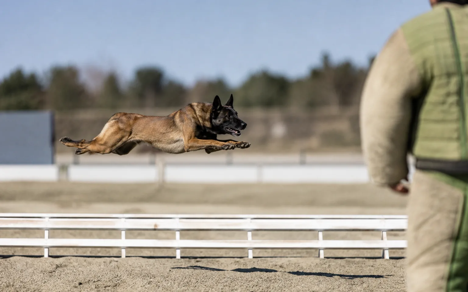 Belgian Malinois in a long jump over the broad-jump obstacle on a sand ring