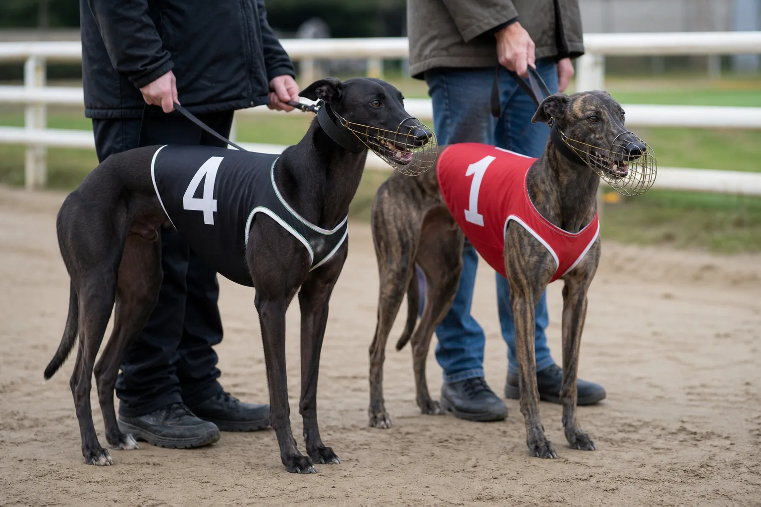 Two greyhounds in muzzles and numbered jackets waiting beside the track rail