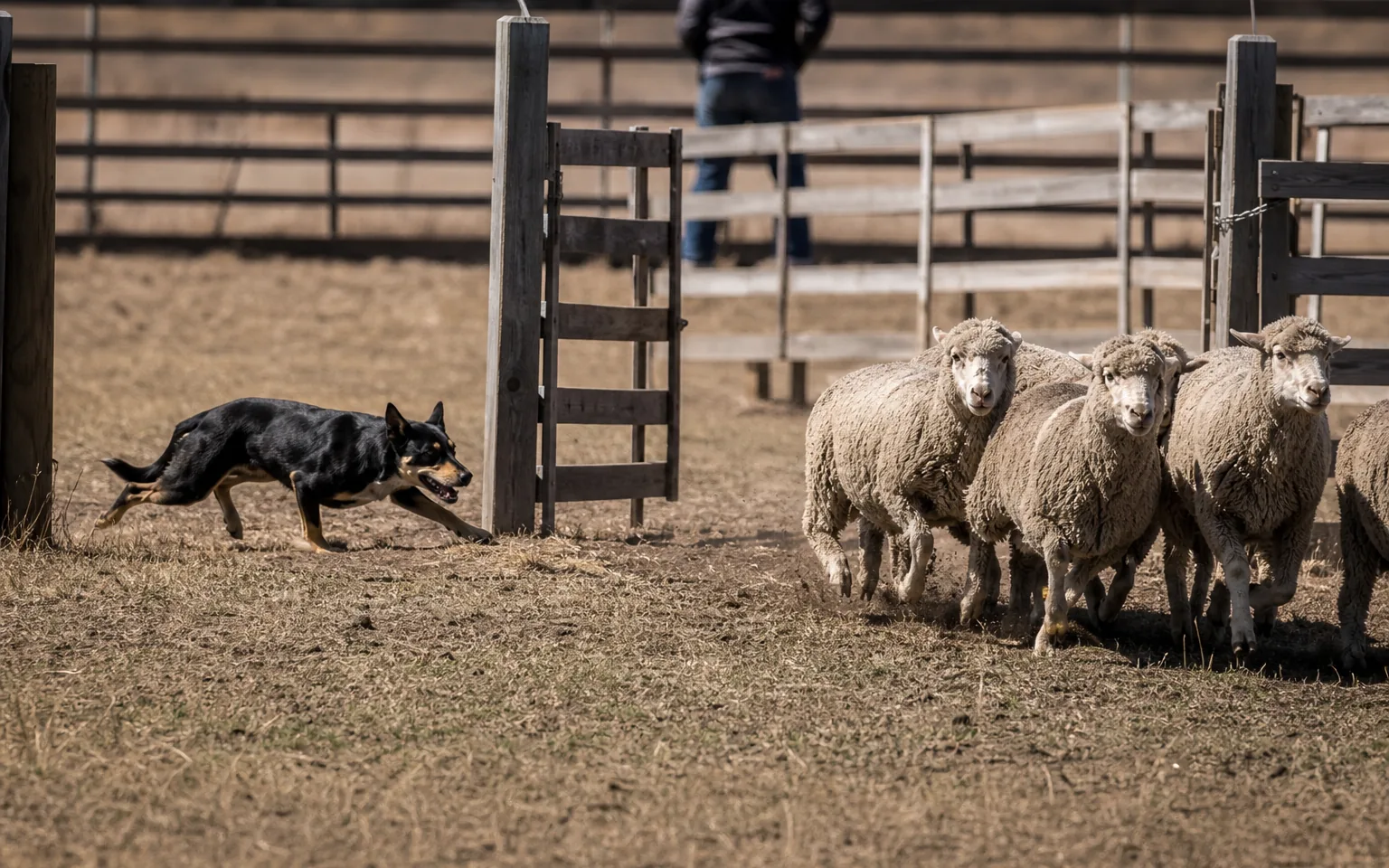 Kelpie driving a group of sheep through wooden gate panels in a fenced arena
