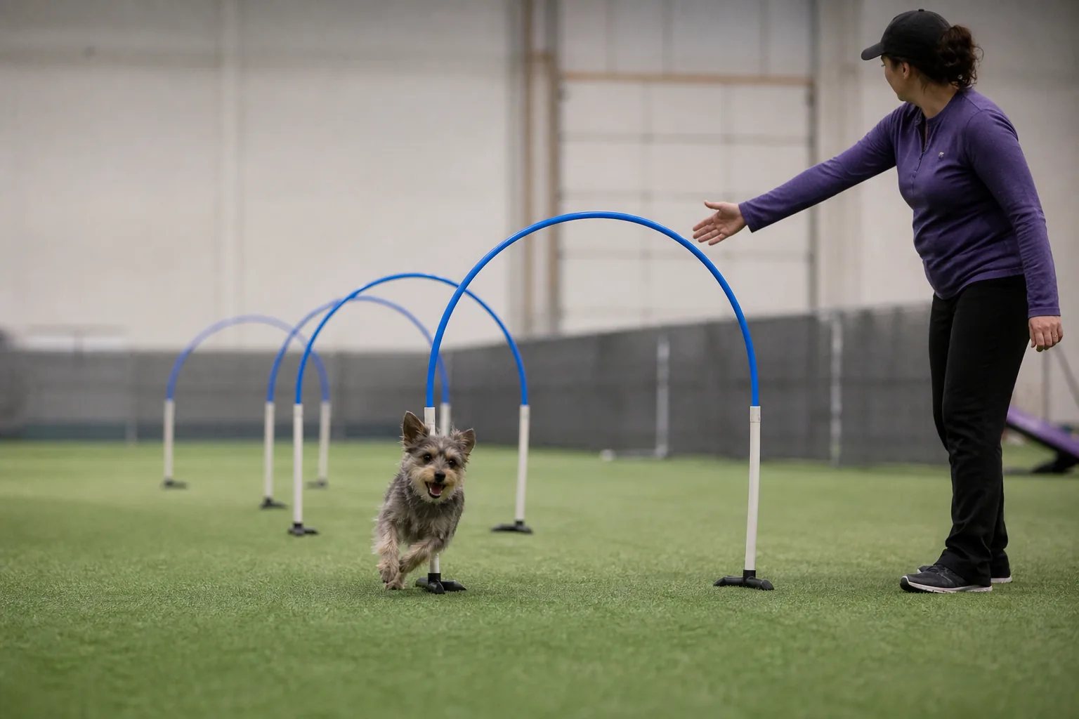 Small dog running through a line of hoops, cued from a distance by its handler