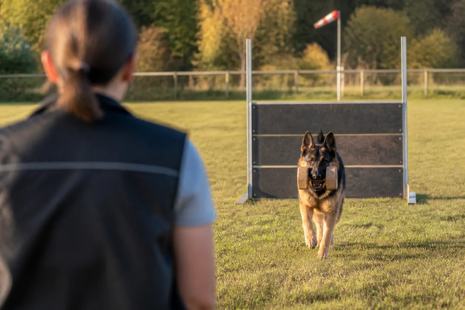 German Shepherd carrying the dumbbell back to its handler after the retrieve over the hurdle