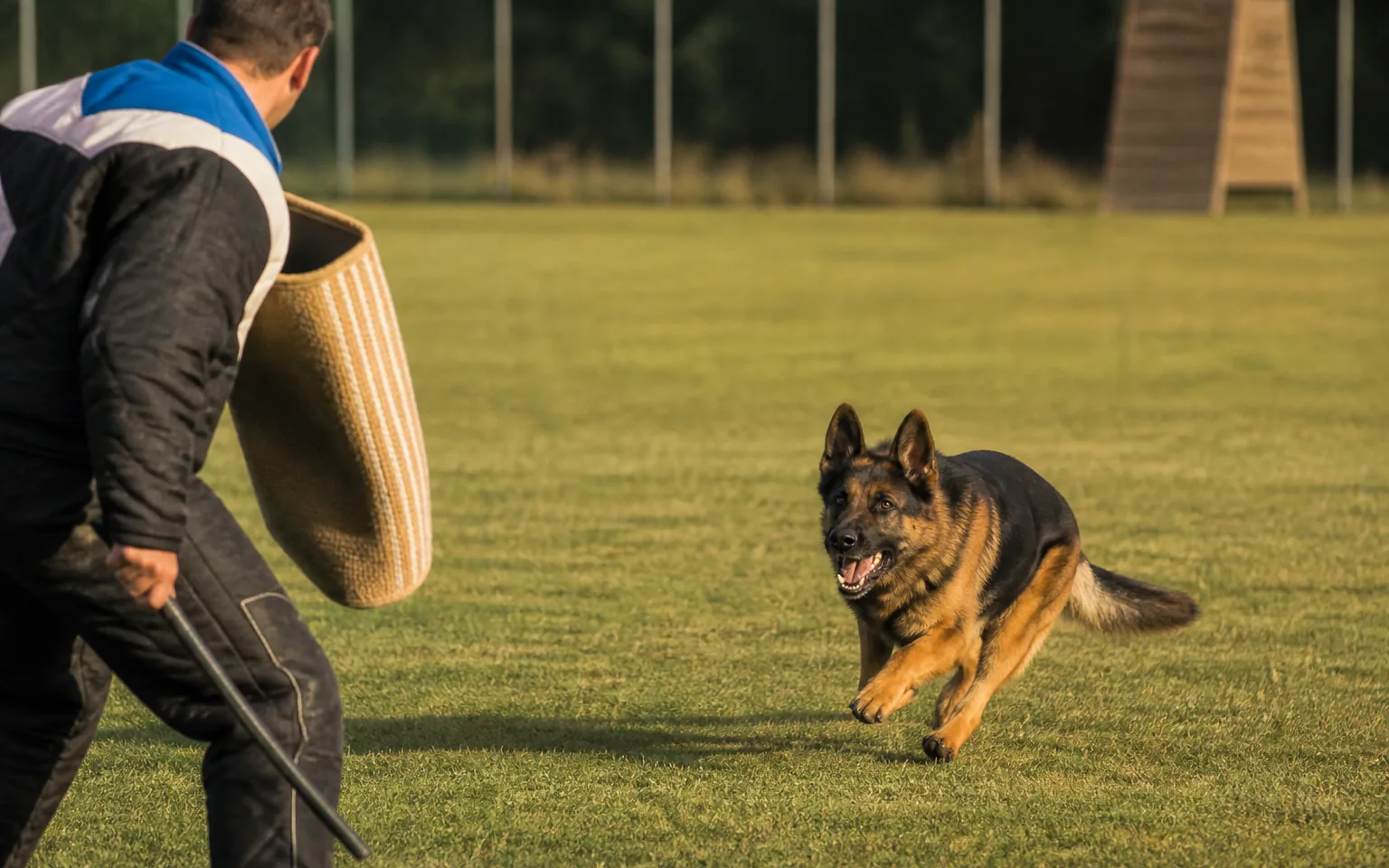 German Shepherd running towards a helper in a padded suit during the protection phase
