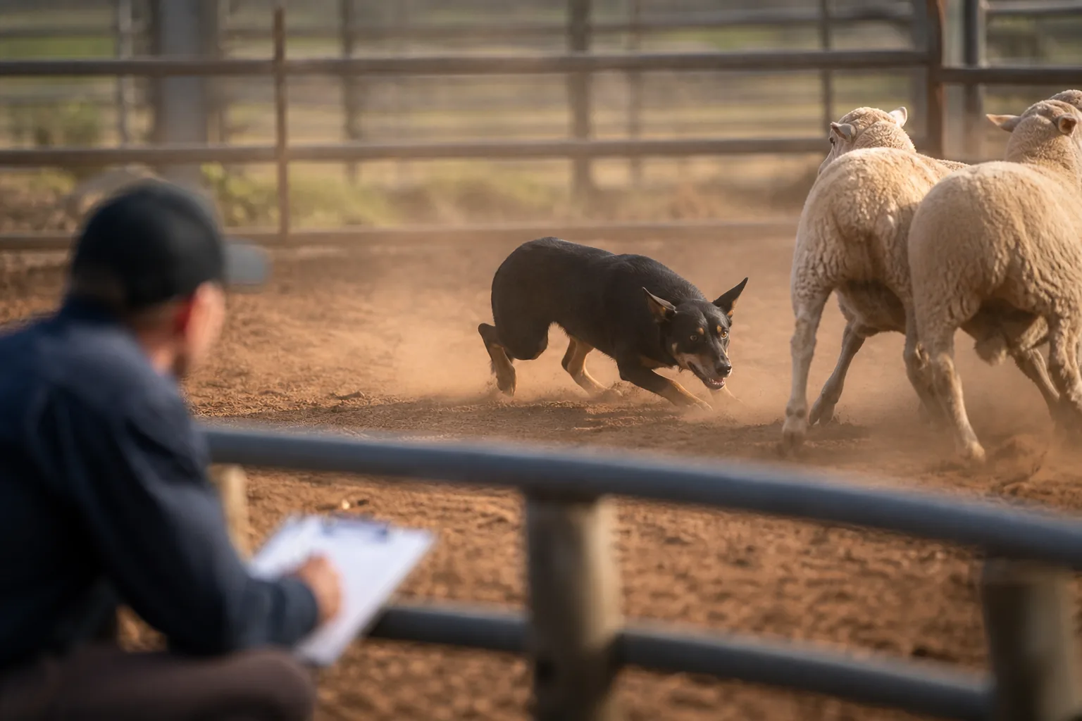 Assessor taking notes at the pen rail while a young Kelpie works sheep behind