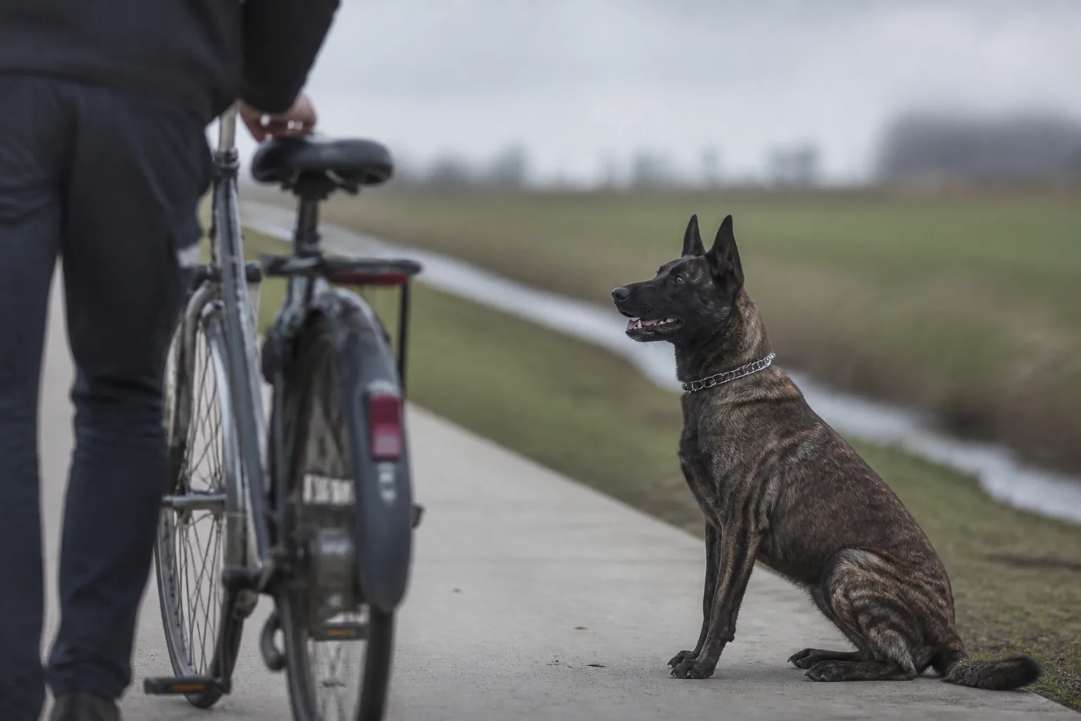 Dutch Shepherd guarding a bicycle, sitting at heel beside it