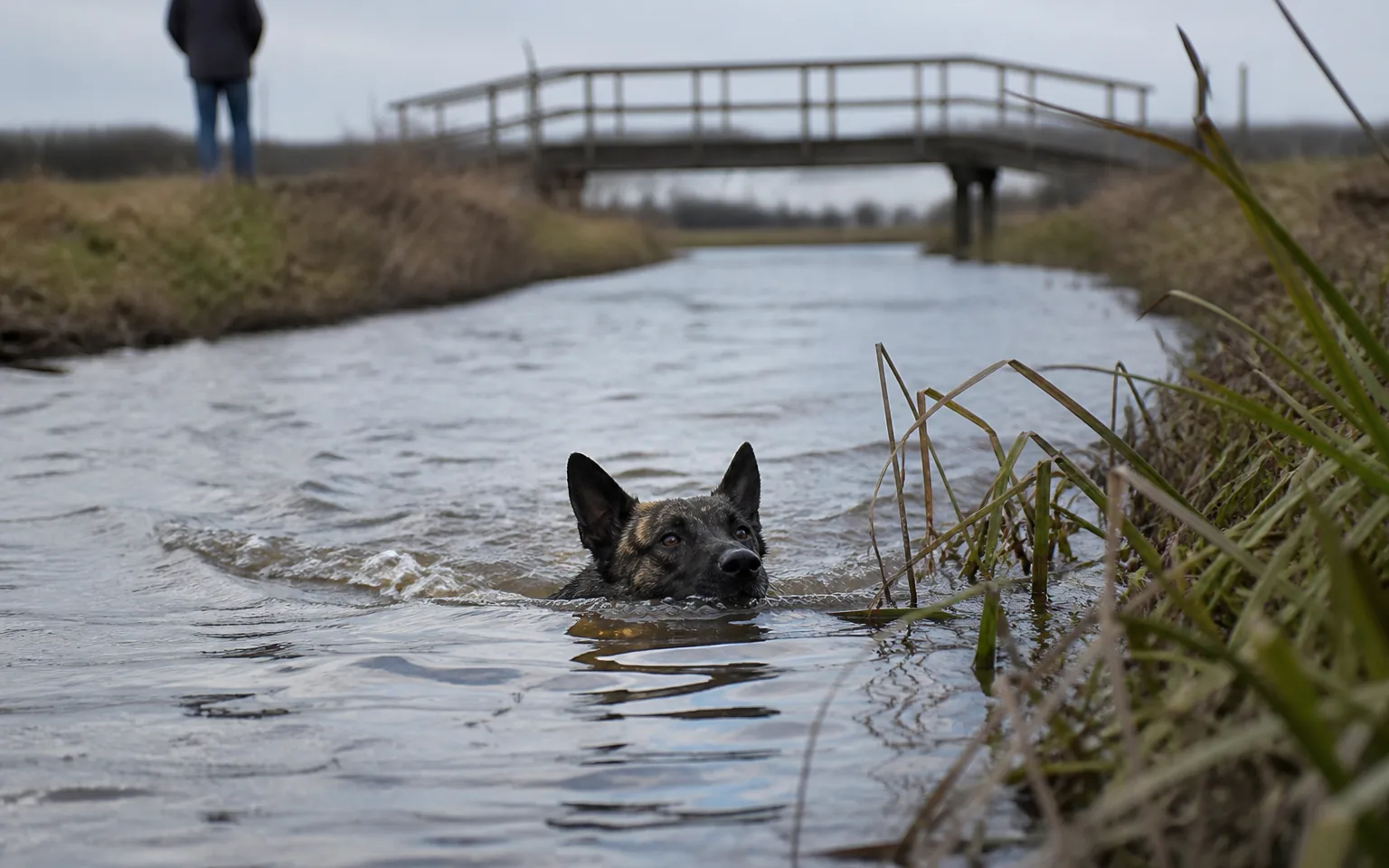 Dutch Shepherd swimming across a canal during a working trial