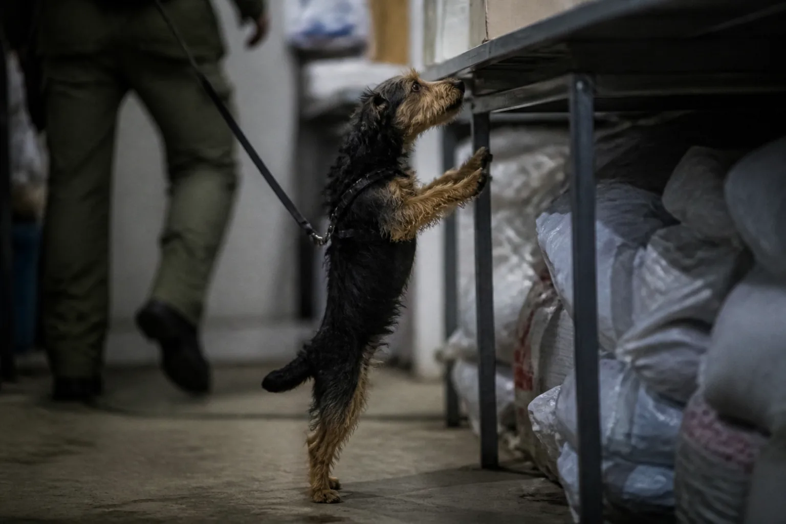 Terrier up on its hind legs sniffing under a metal shelf during a container search