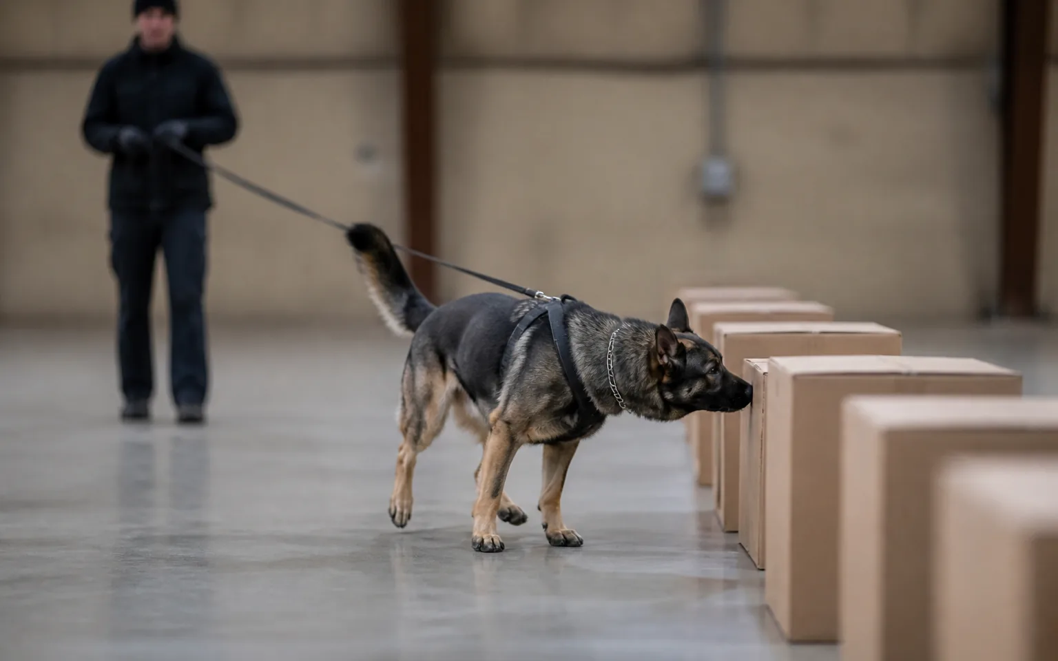 German Shepherd searching a row of cardboard boxes for a target odour in a training hall