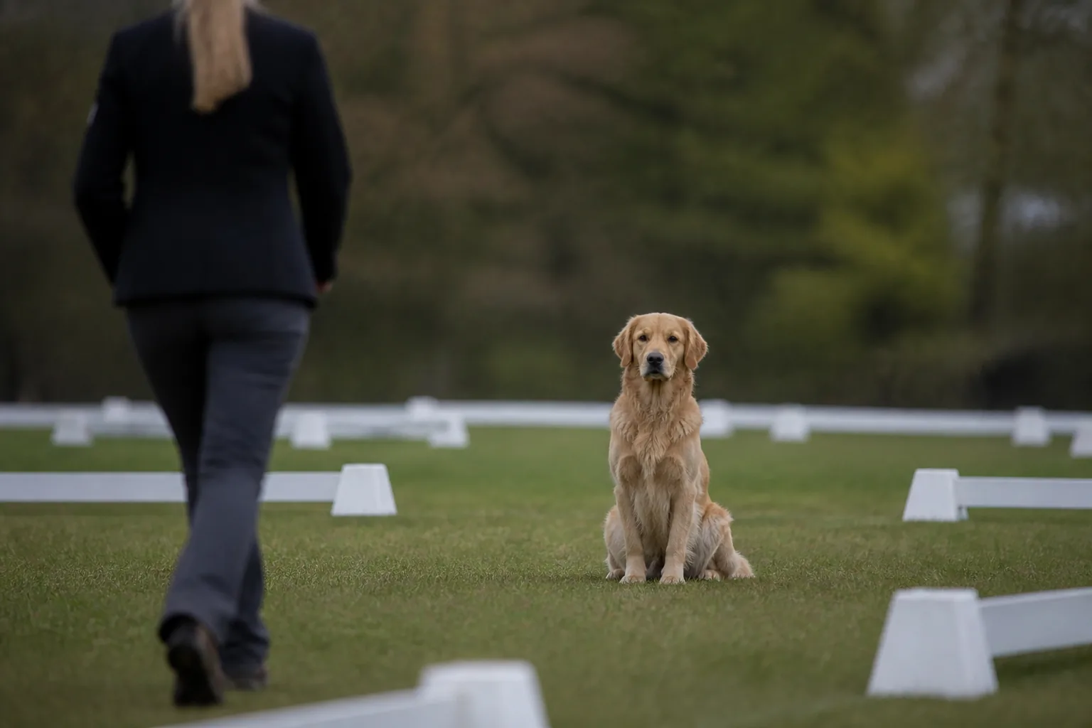 Golden Retriever holding a sit-stay as its handler walks away with their back turned