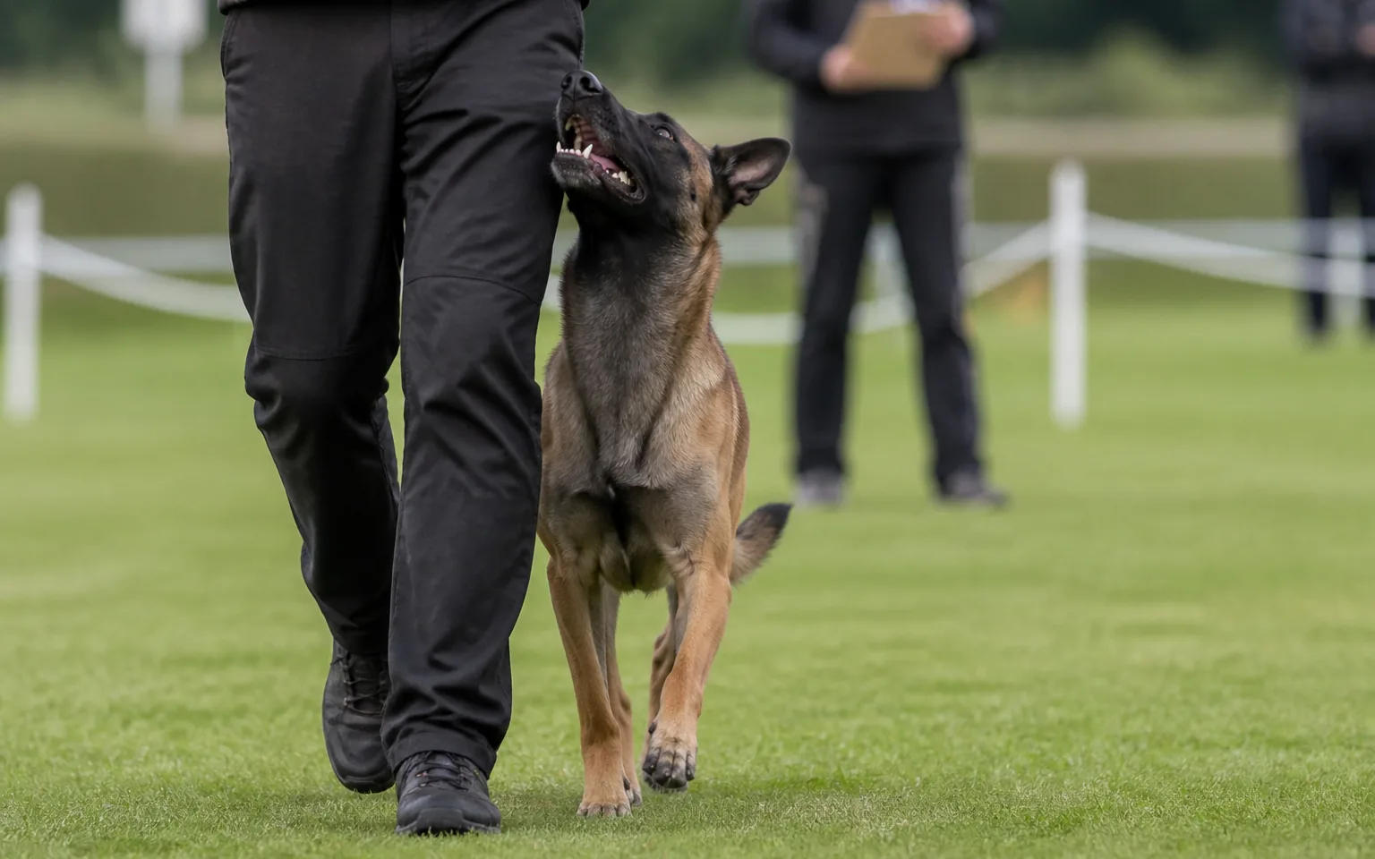 Belgian Malinois heeling tight to its handler's leg, looking up in eye contact