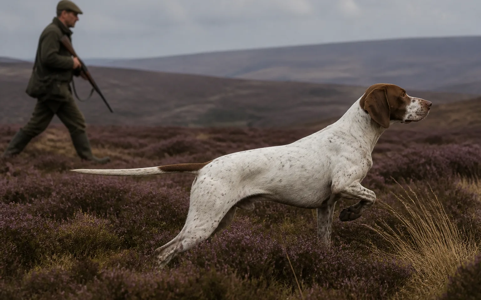 English Pointer frozen on point on moorland as the hunter walks in to flush the bird