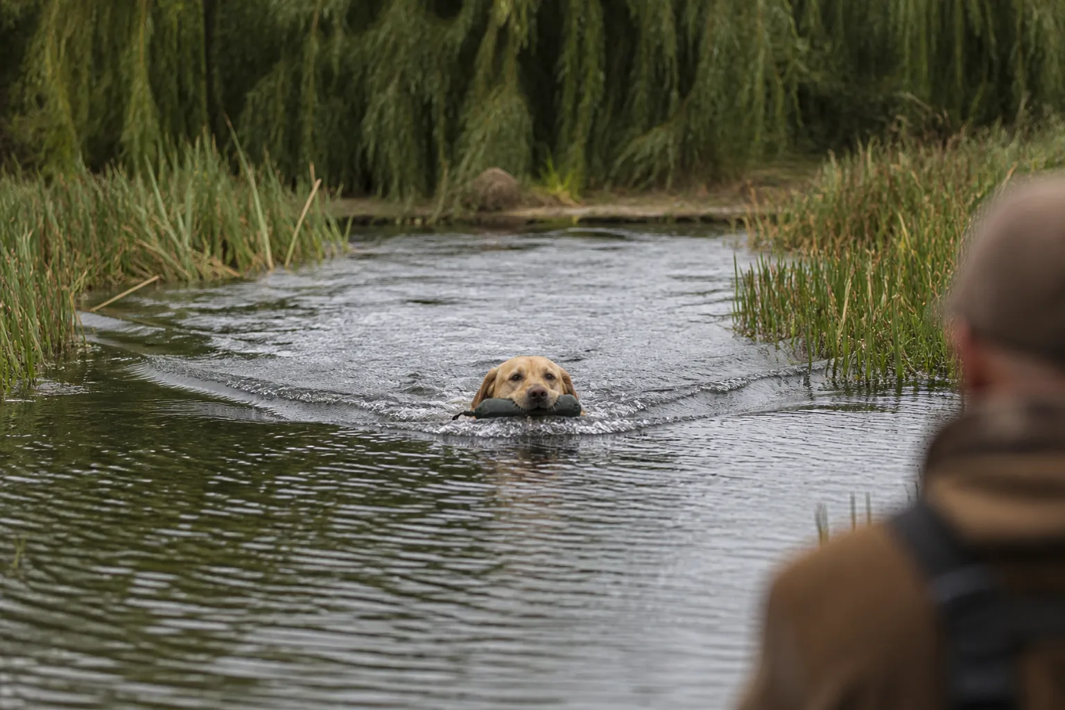 Yellow Labrador swimming back through reeds with the floating dummy in its mouth