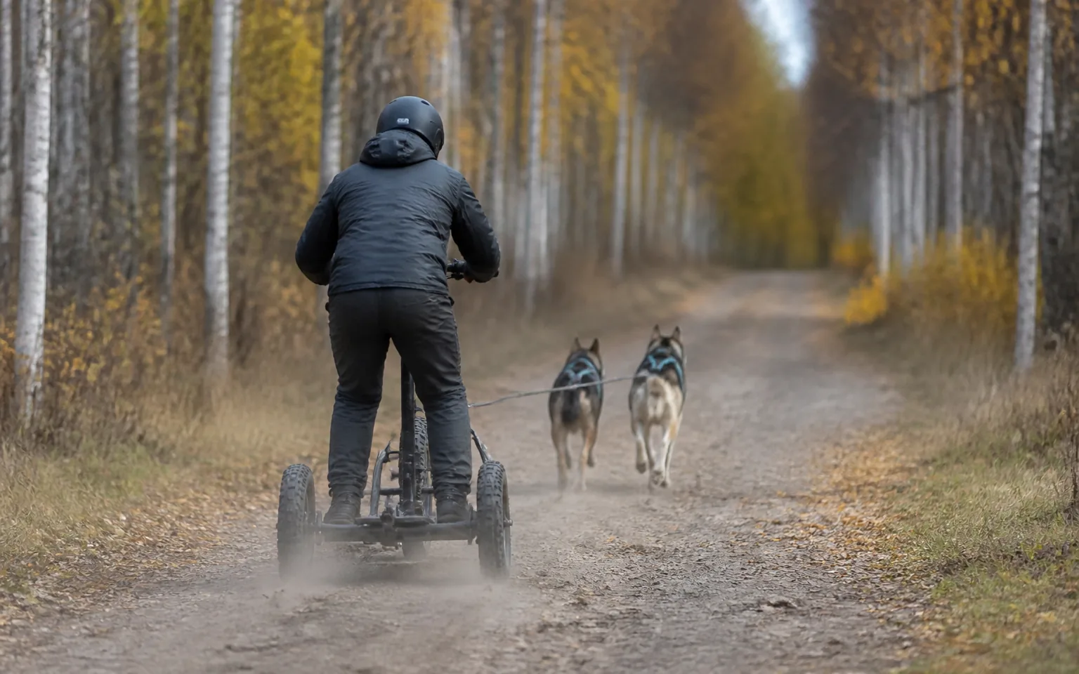 Two harnessed huskies pulling a dog scooter along a forest trail