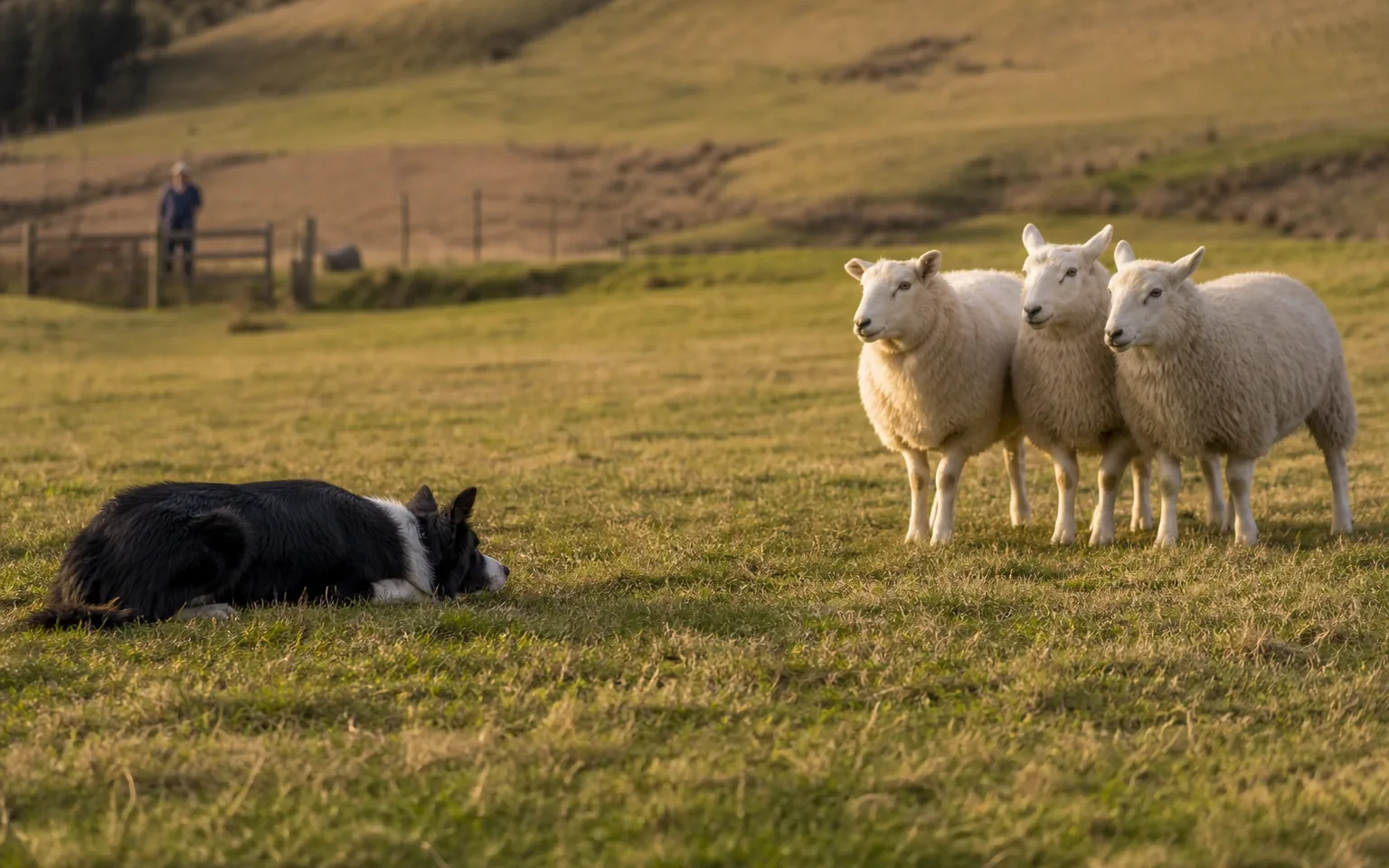 Border Collie crouched low giving eye to three sheep on open pasture