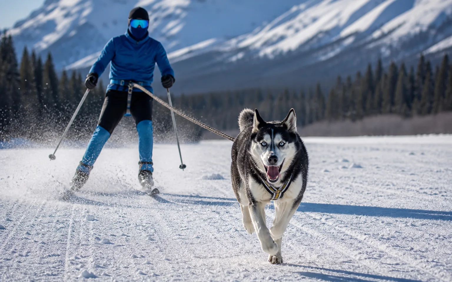 Harnessed husky towing a cross-country skier across a snowfield on a bungee line