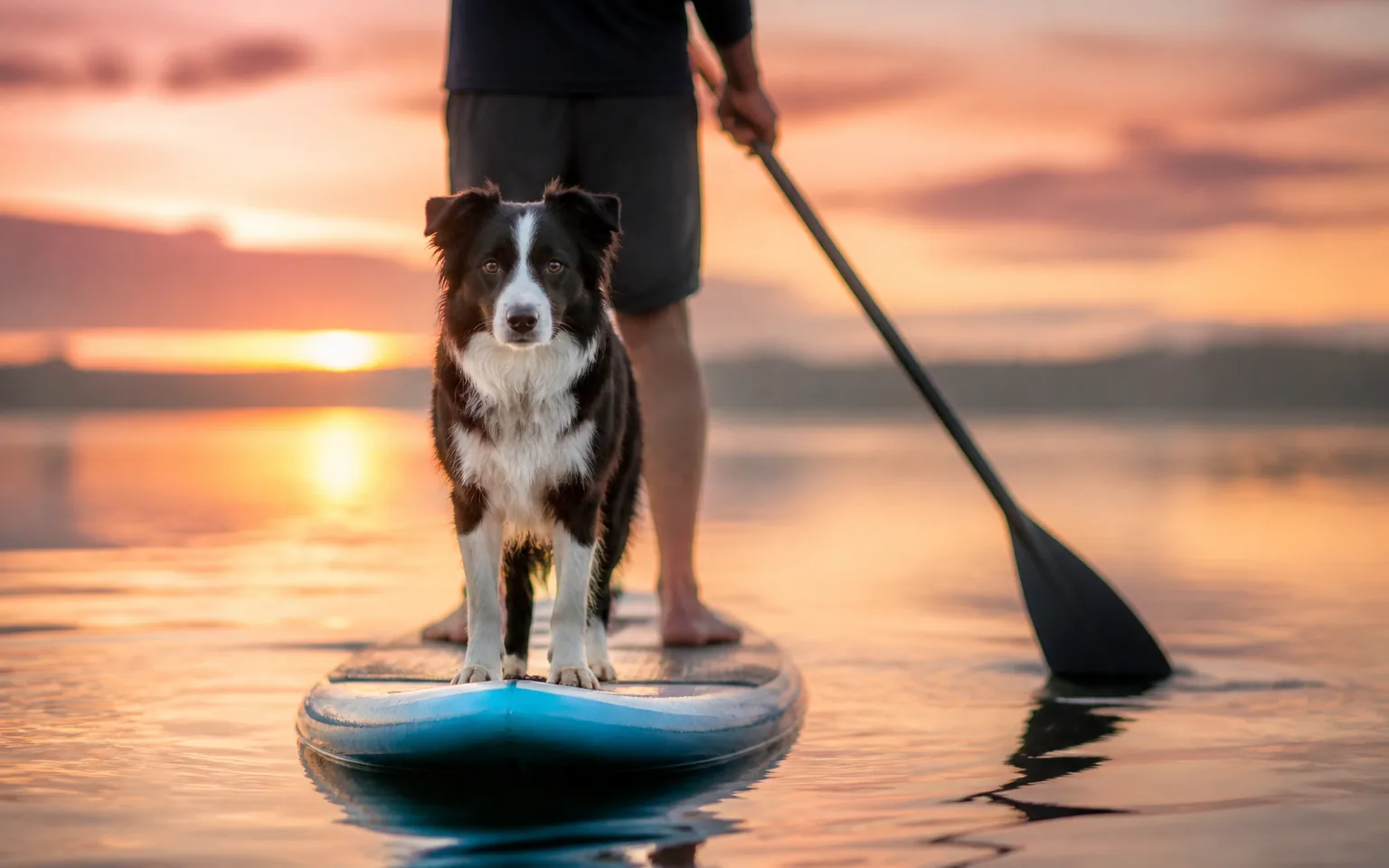 Border Collie standing calmly on the nose of a paddleboard on a still lake at sunrise