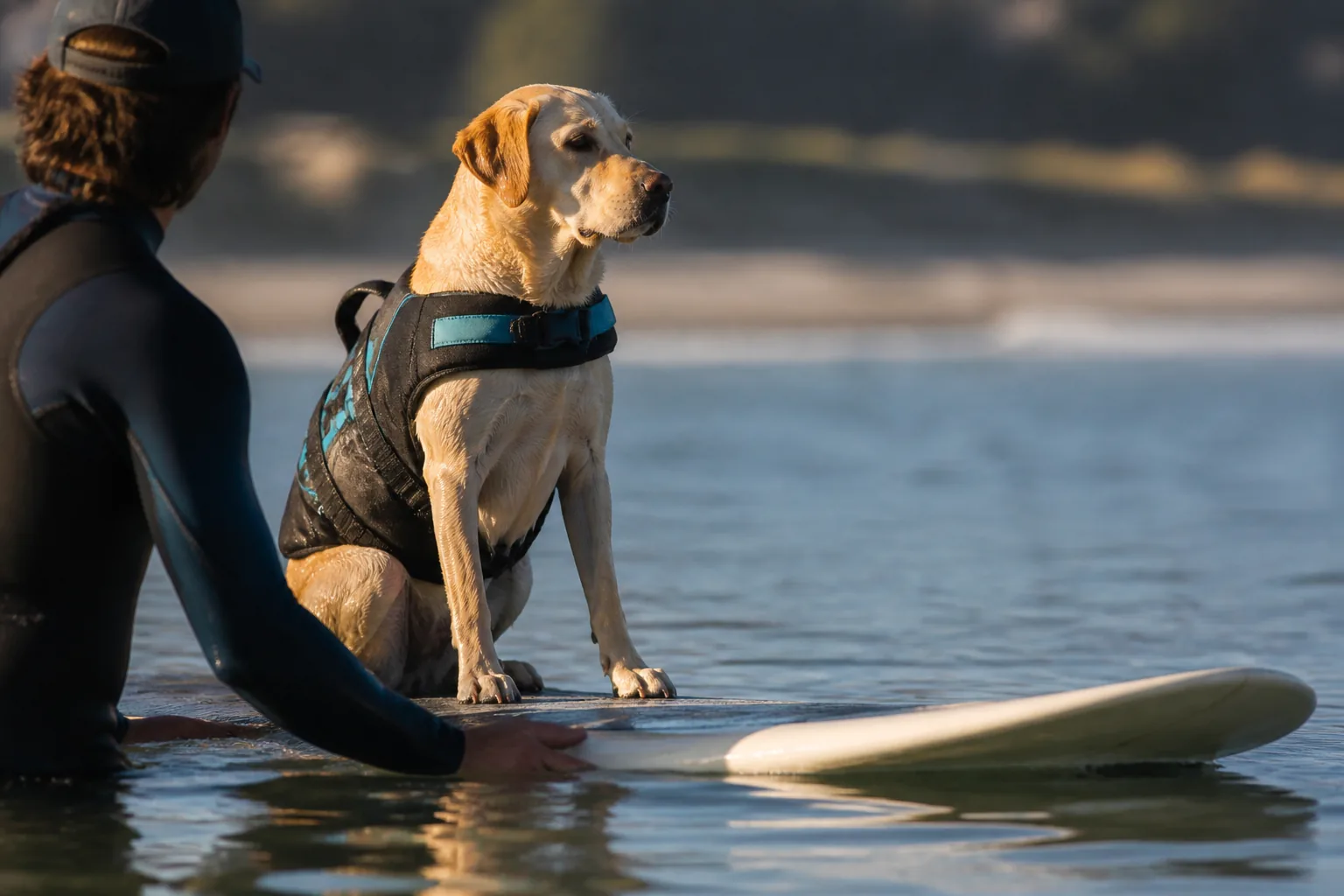 Labrador sitting on a surfboard in shallow water while a handler steadies it