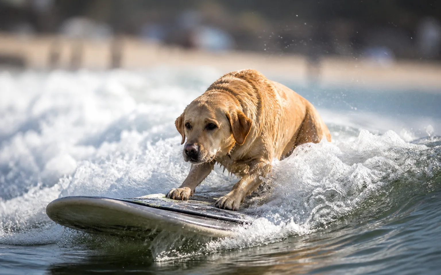 Labrador riding the whitewater of a small wave on a surfboard
