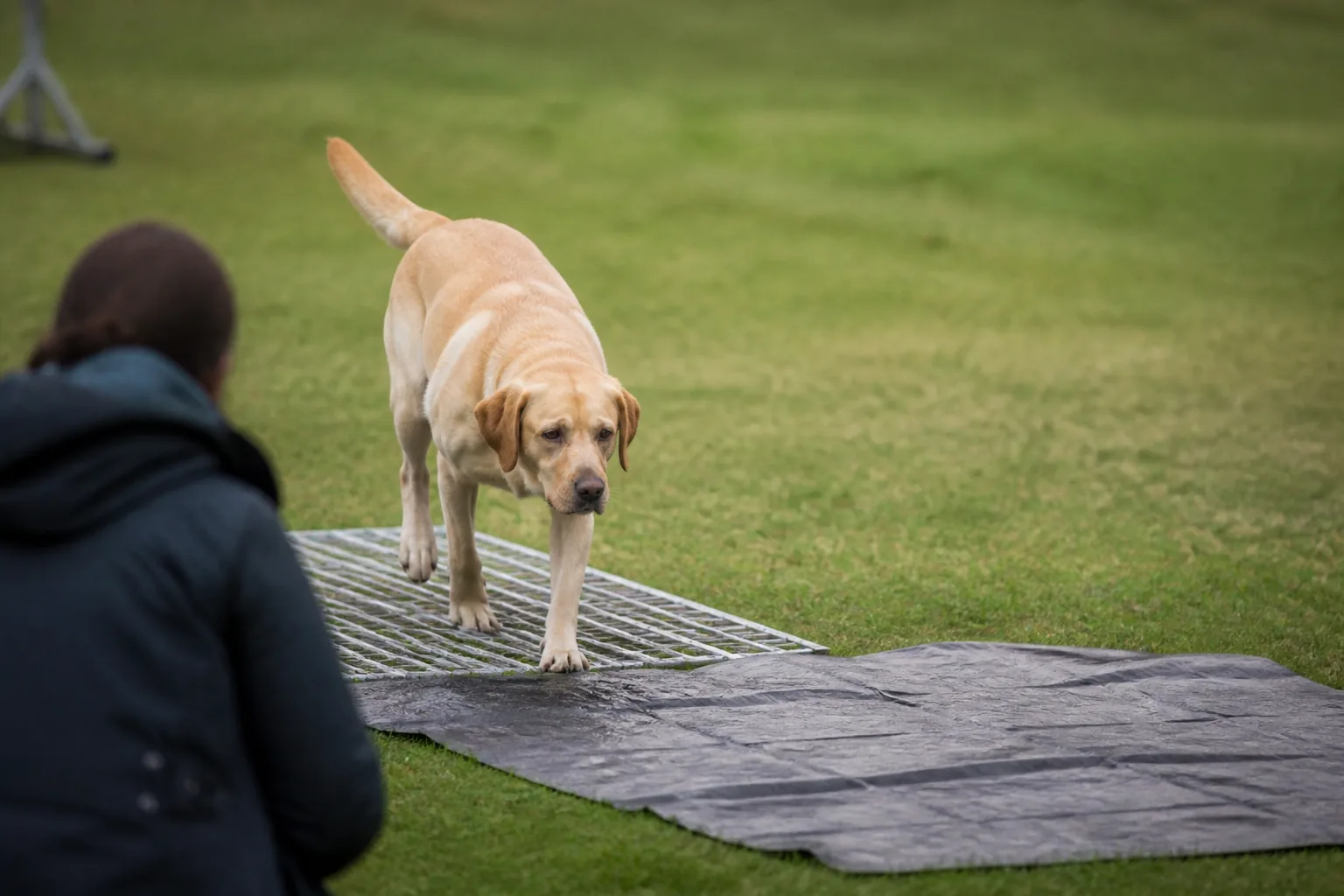 Labrador crossing a metal grid and a tarpaulin during a surface-confidence exercise