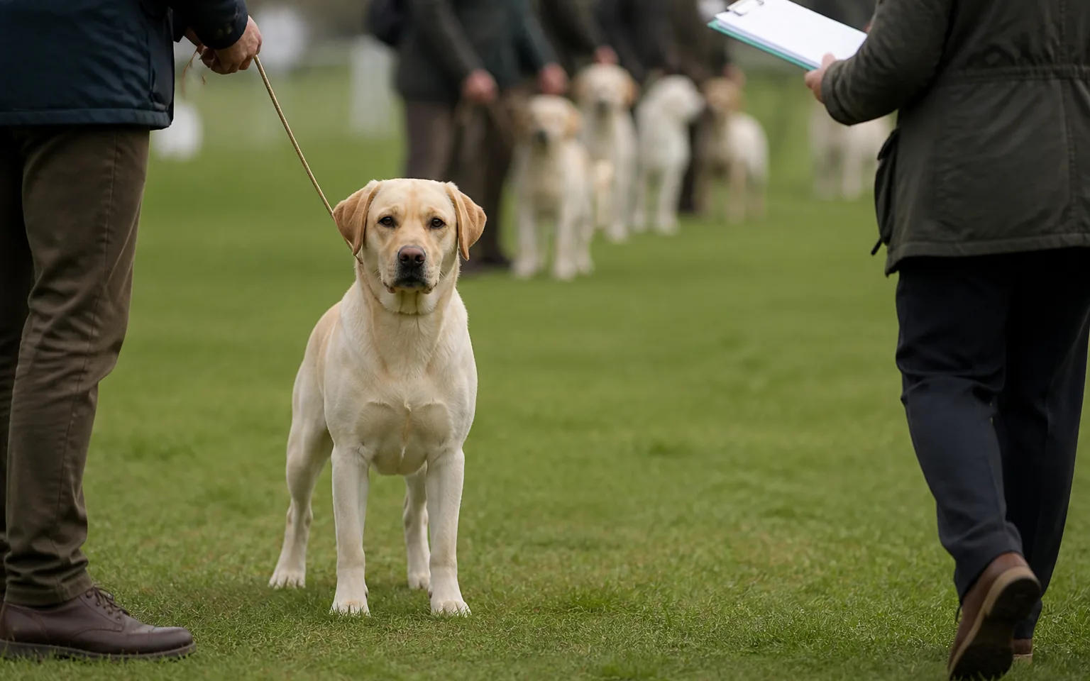 Labrador standing calmly on a loose lead as an evaluator approaches