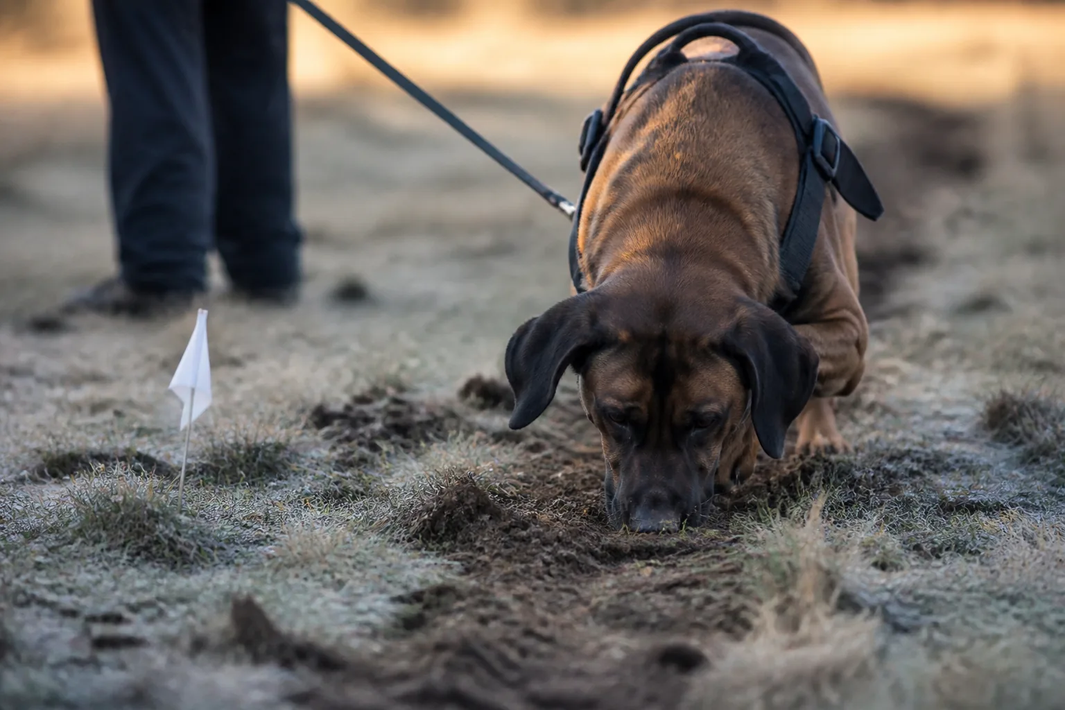 Hound working a flagged track nose-down over frost-covered grass at dawn