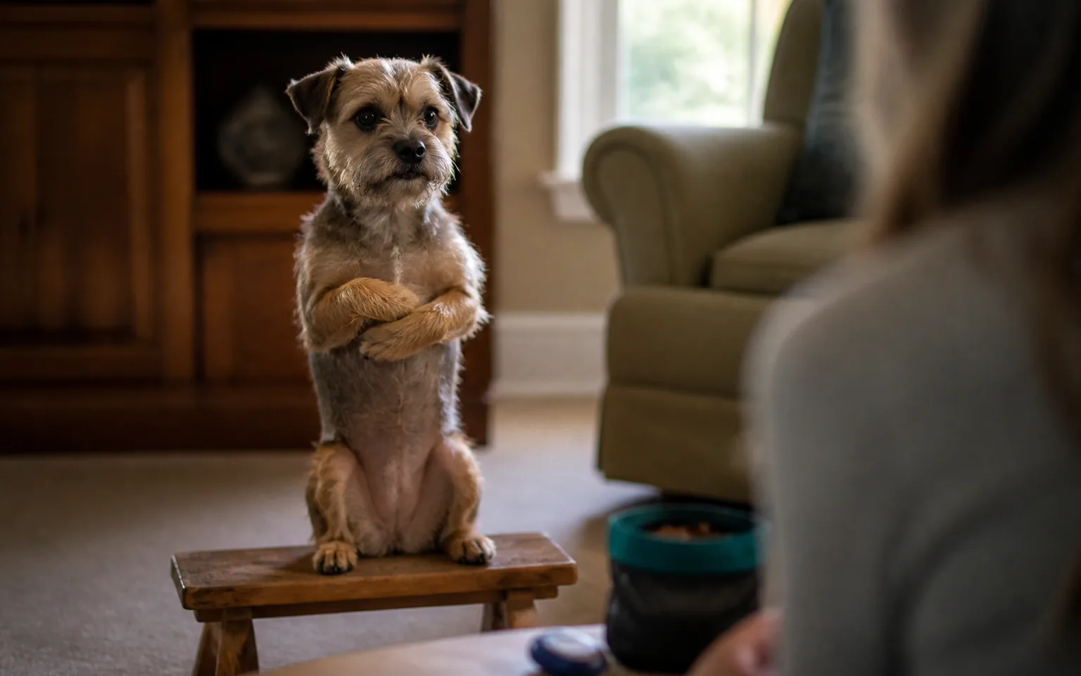 Small terrier balancing on its hind legs on a stool with front paws crossed