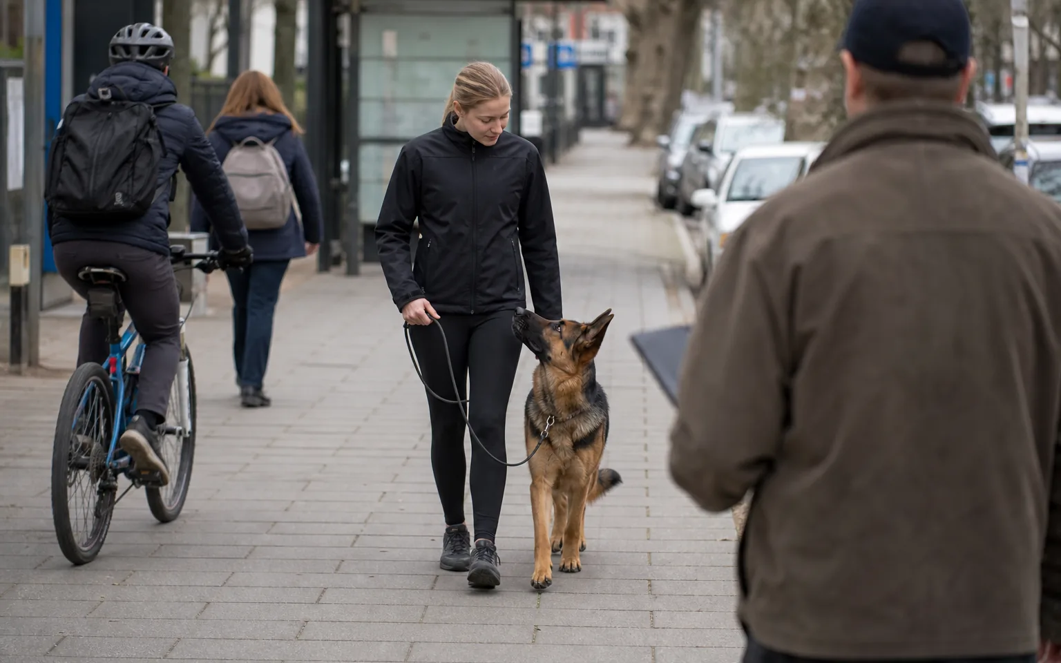 Ciobănesc german mergând la pas în lesă lejeră pe trotuar, pe lângă pietoni și un biciclist