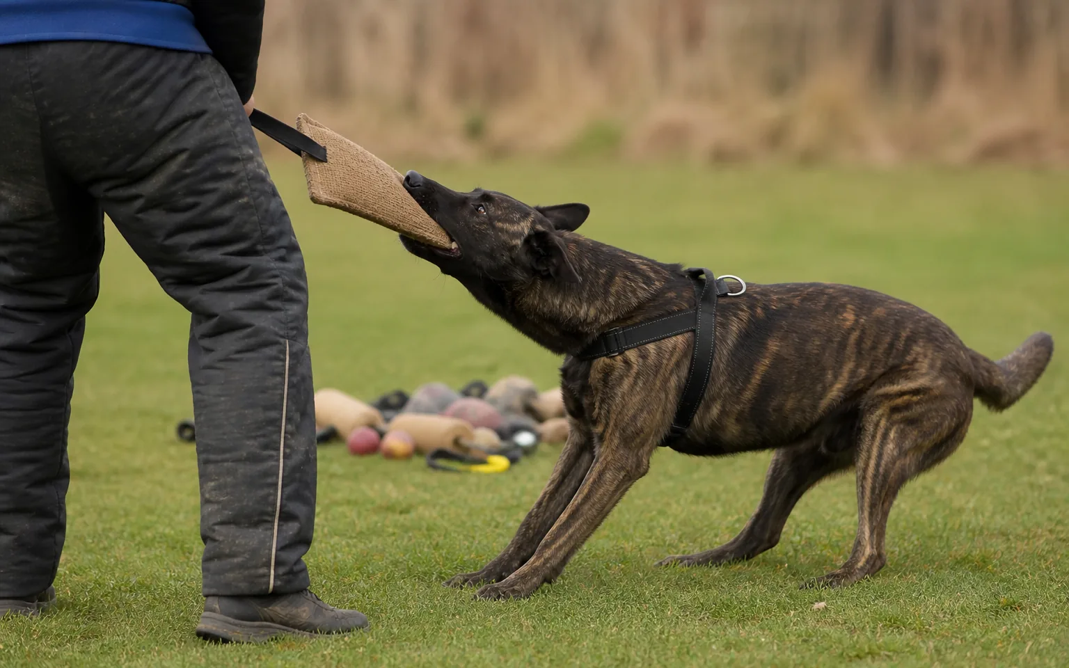 Dutch Shepherd pulling hard on a jute tug with its handler braced at the other end