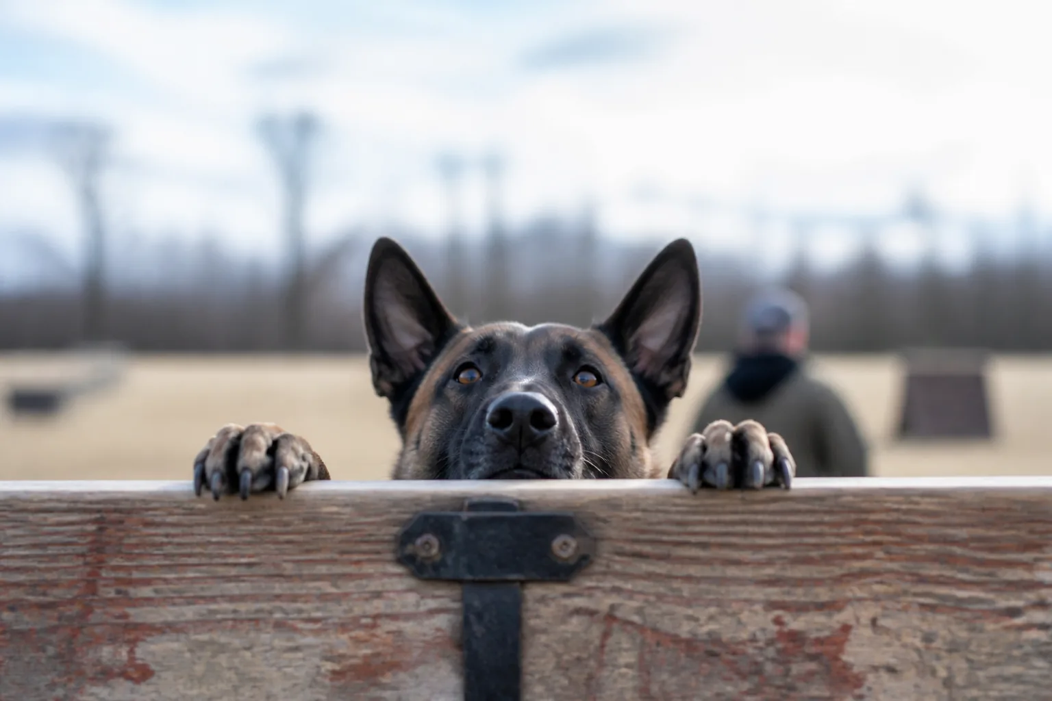 Close view of a Malinois's paws hooked over the top edge of the climbing wall