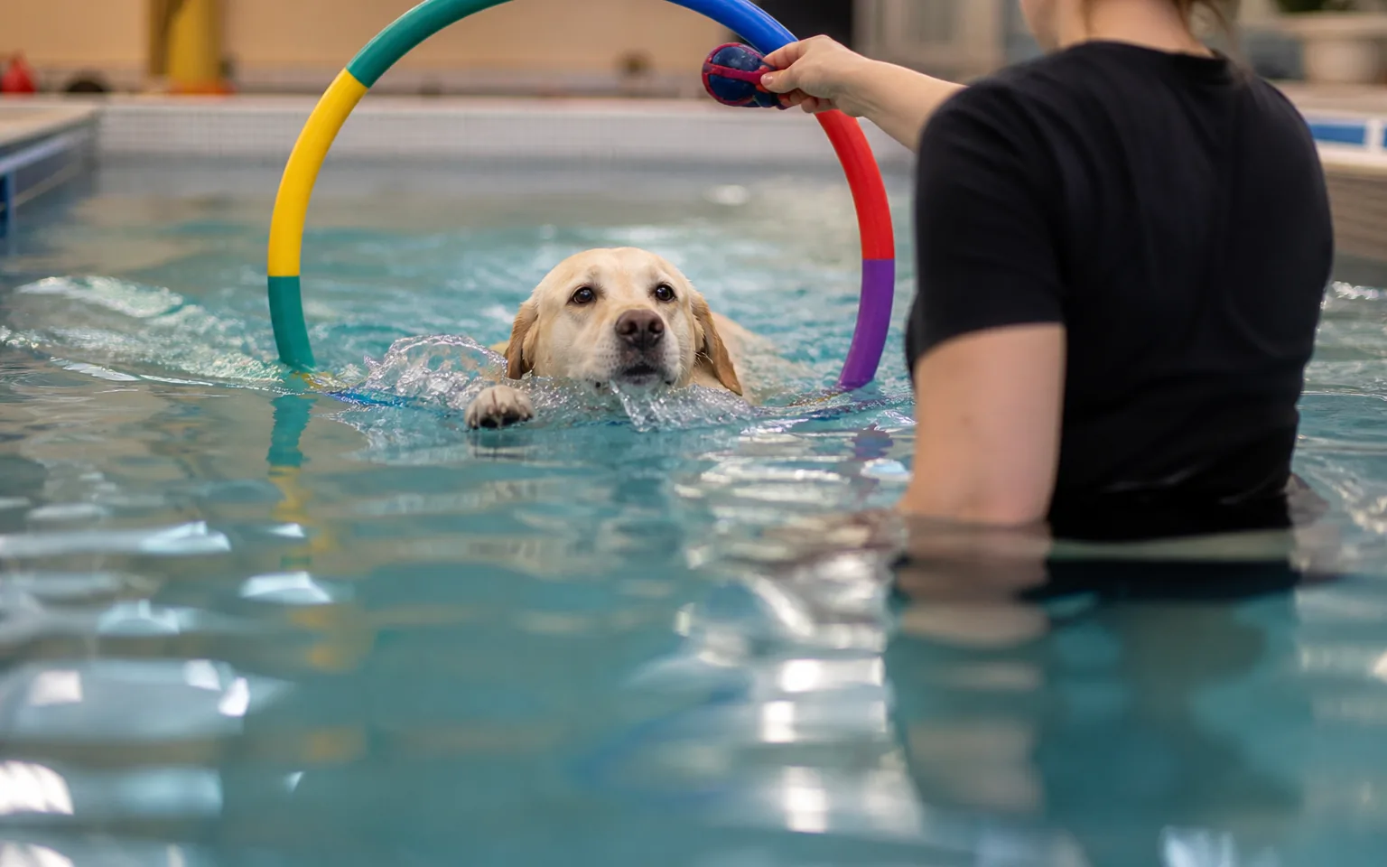 Labrador swimming through a partly submerged hoop in a canine pool