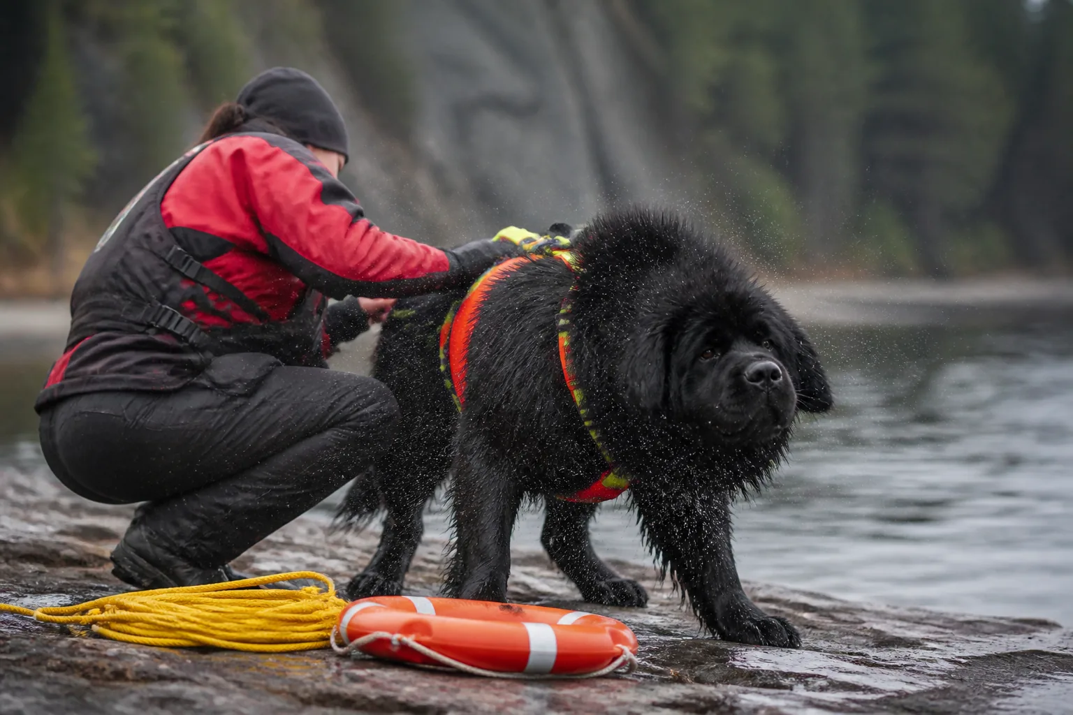 Newfoundland shaking off water on the lake shore beside a coiled rescue line and life ring