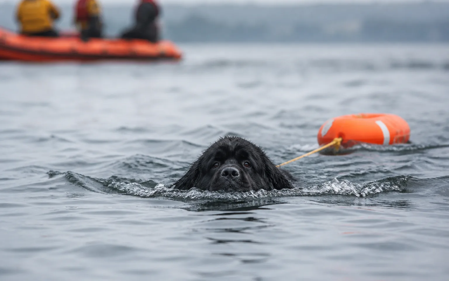 Newfoundland swimming towards the camera while towing a rescue buoy