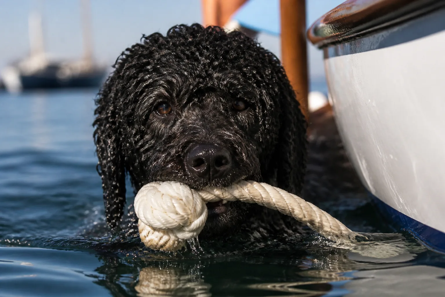 Close view of a wet Portuguese Water Dog holding a knotted rope float