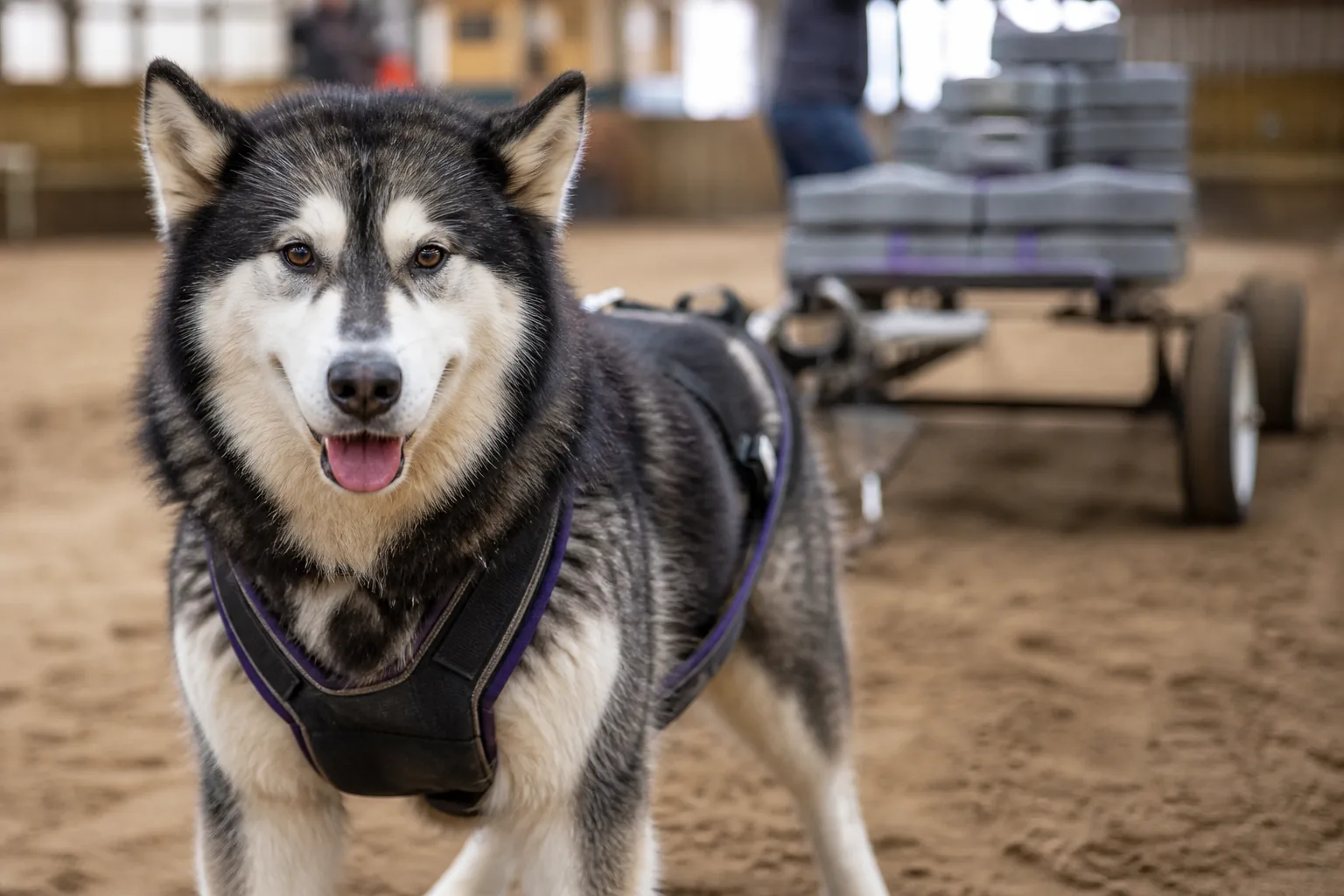 Close view of a padded weight-pull harness fitted on a Malamute, traces running to the cart