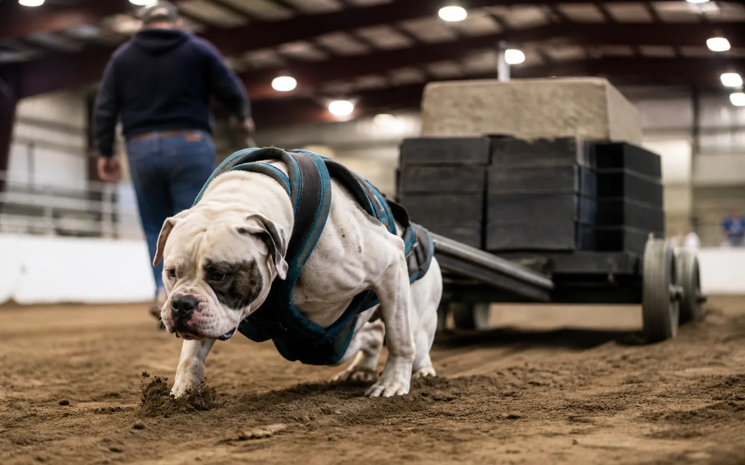 American Bulldog leaning into a weight-pull harness at the start of a pull