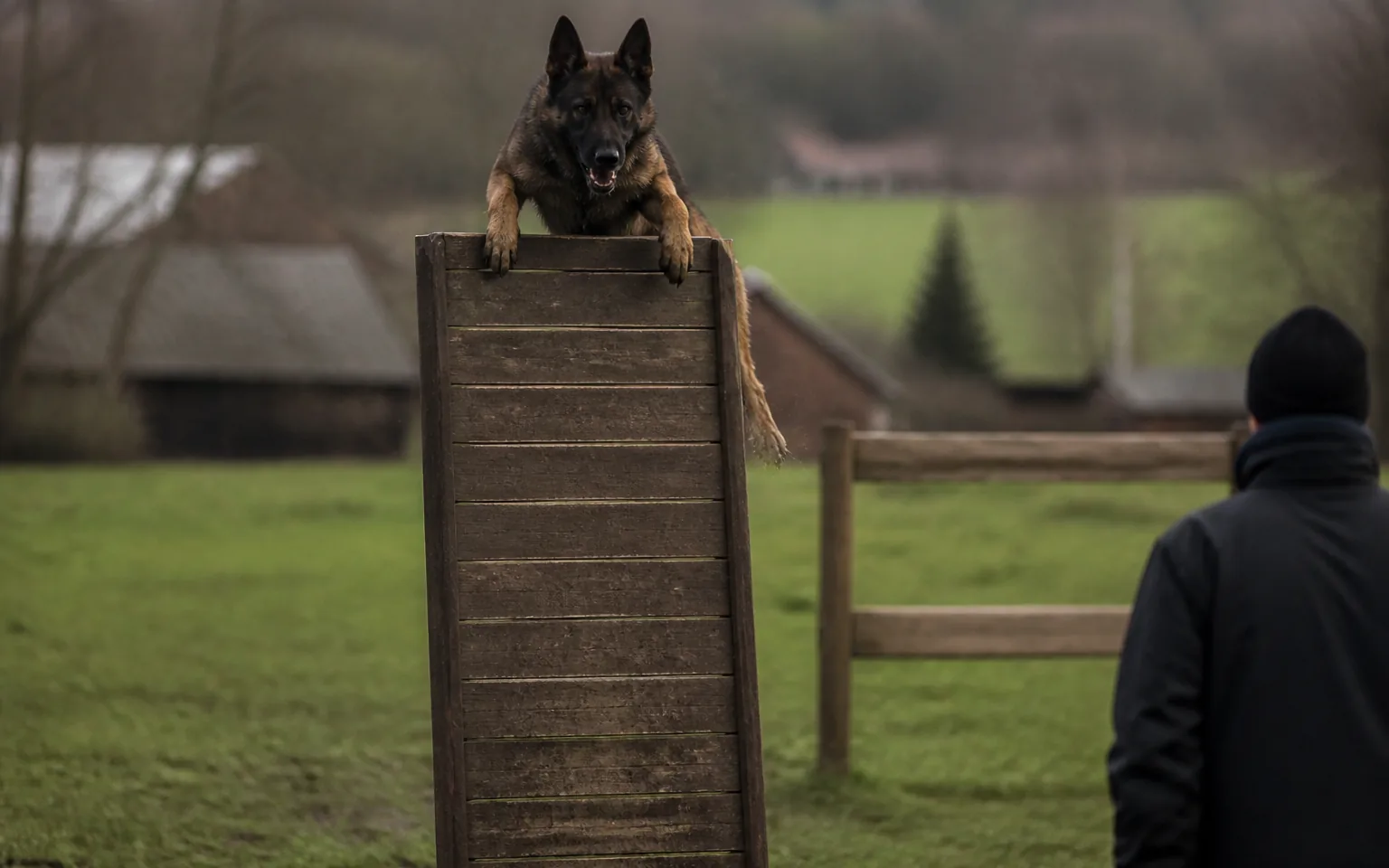 German Shepherd scaling a tall wooden scale board, front paws over the top edge